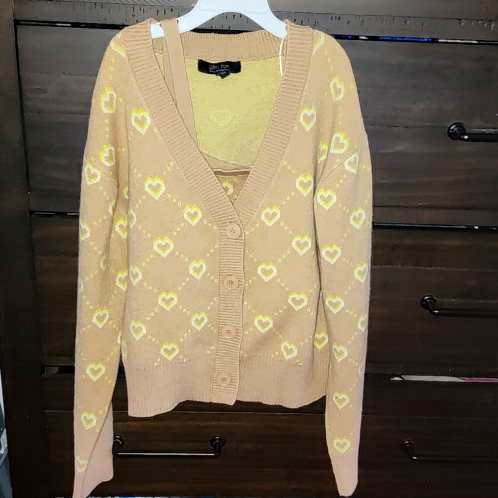 Cute button-down cardigan and tank top sweater combo by Witty Fox, Medium.